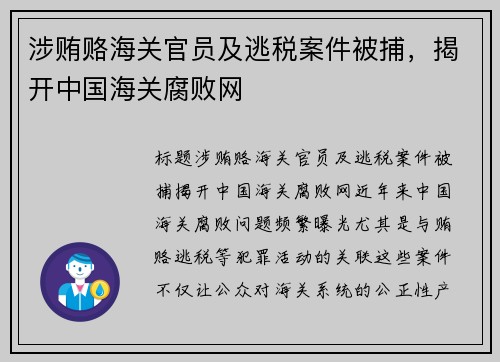 涉贿赂海关官员及逃税案件被捕，揭开中国海关腐败网