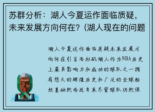 苏群分析：湖人今夏运作面临质疑，未来发展方向何在？(湖人现在的问题)