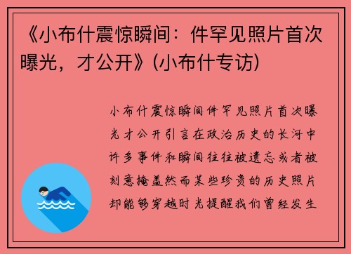 《小布什震惊瞬间：件罕见照片首次曝光，才公开》(小布什专访)