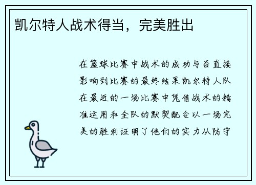 凯尔特人战术得当，完美胜出
