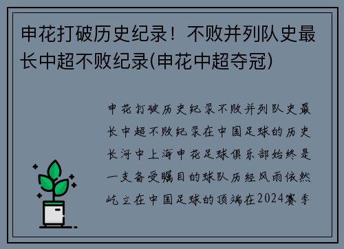 申花打破历史纪录！不败并列队史最长中超不败纪录(申花中超夺冠)