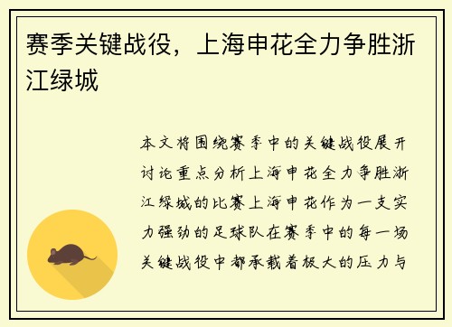 赛季关键战役，上海申花全力争胜浙江绿城